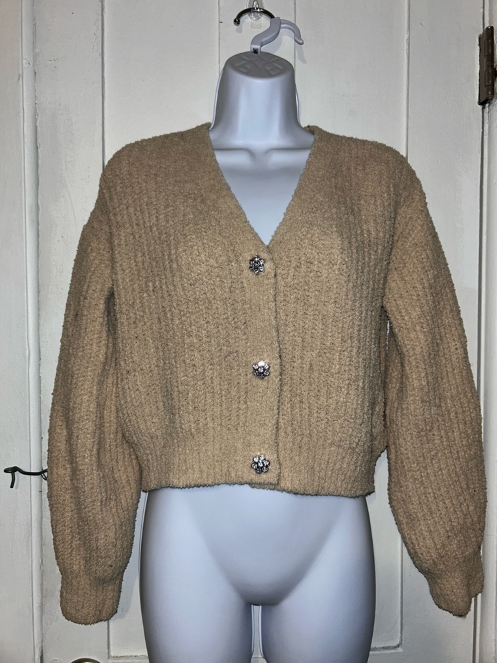 No Boundaries Cropped V-Neck Cardigan - Tan